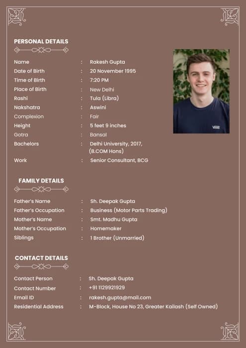 Brown background Marriage Biodata Format | Biodata for Marriage