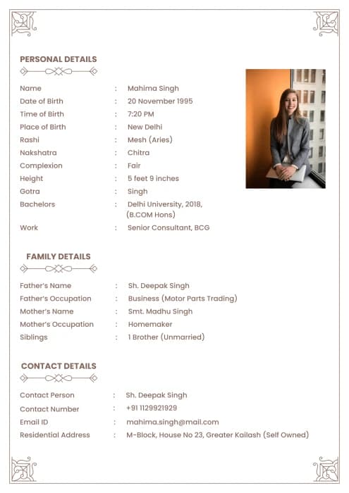 Classic Marriage Biodata Format | Biodata for Marriage