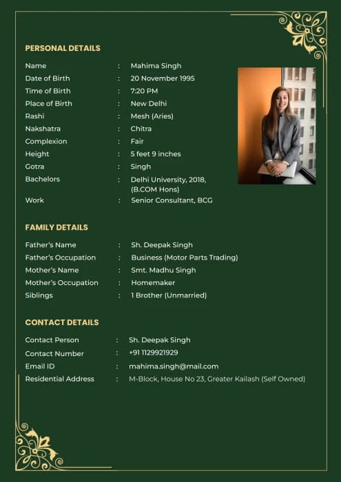 Green background Marriage Biodata Format | Biodata for Marriage