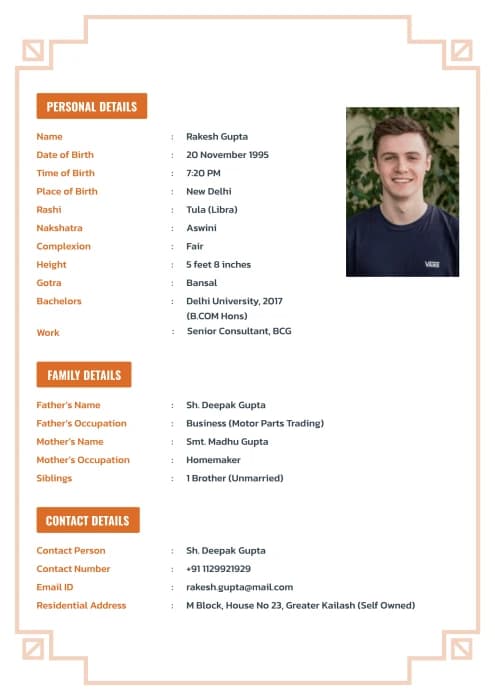 Orange bordered Marriage Biodata Format | Biodata for Marriage