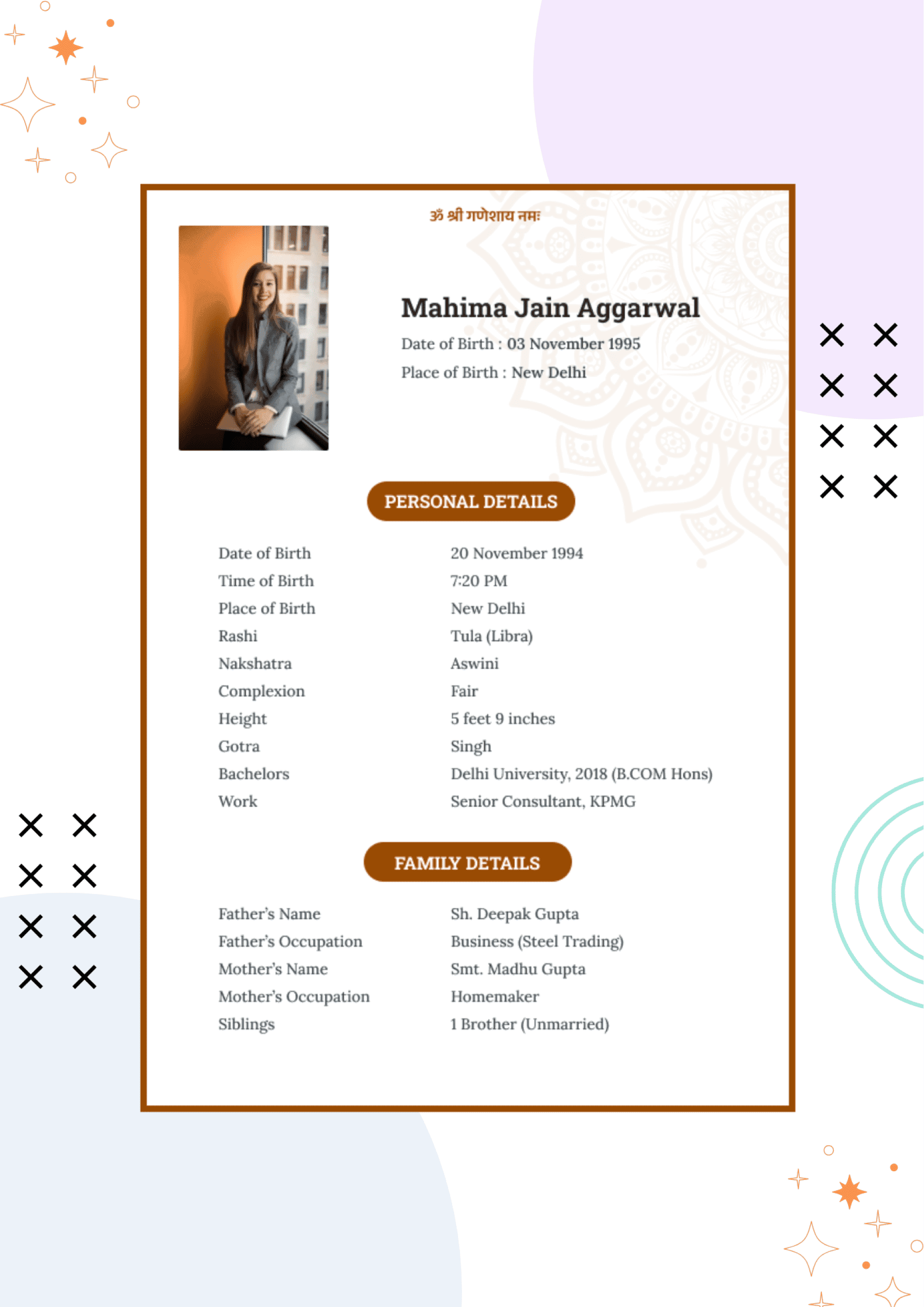 A sample marriage biodata format created for a girl as a reference.