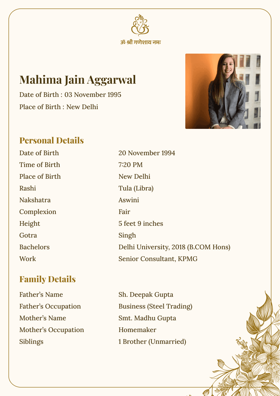 Cream and Gold Color Girl Marriage Biodata Format | Biodata for Marriage