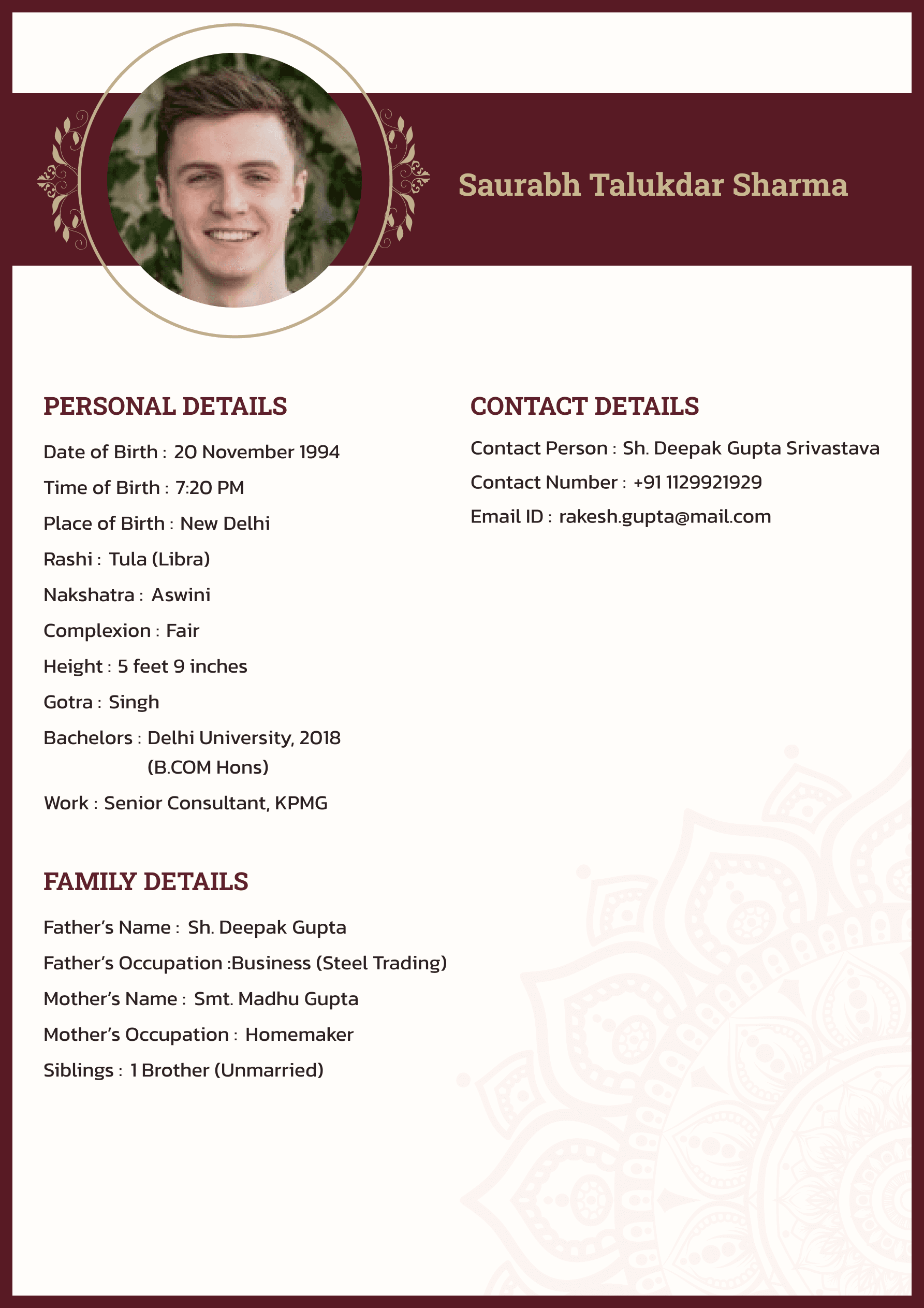 Red and Gold Color Two Column Marriage Biodata Format | Biodata for Marriage