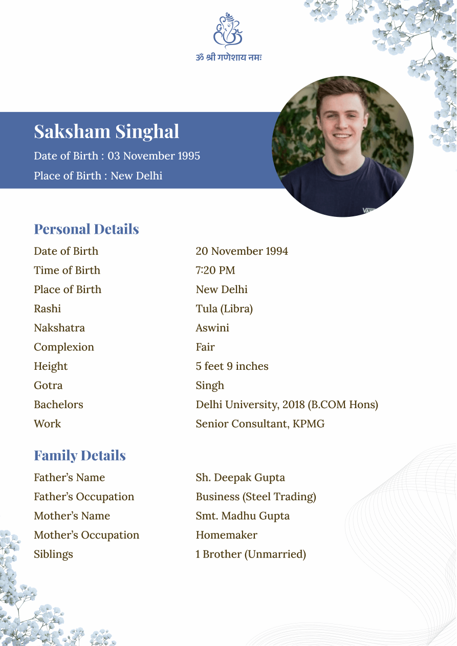 Blue and white marriage biodata template with profile photo, floral accents and structured information sections.