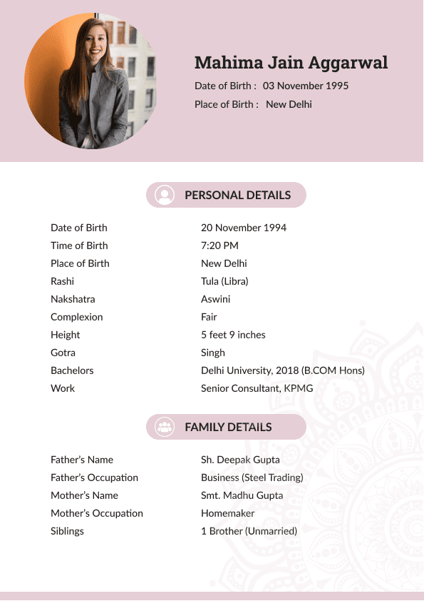 Pink background Black Color Girl Marriage Biodata Format | Biodata for Marriage